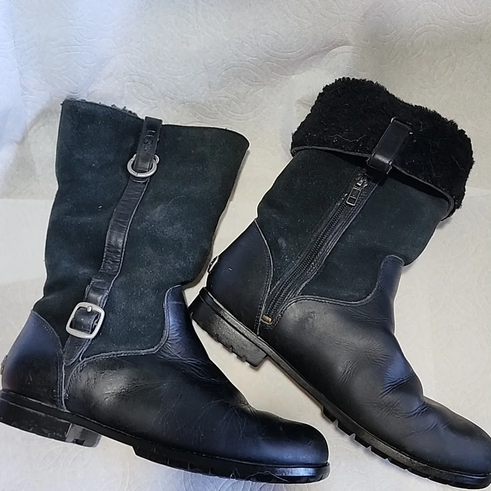 Vintage UGG Black Leather Unisex Boots Sz 9L/7.5M Goth Biker Winter Snow Durable